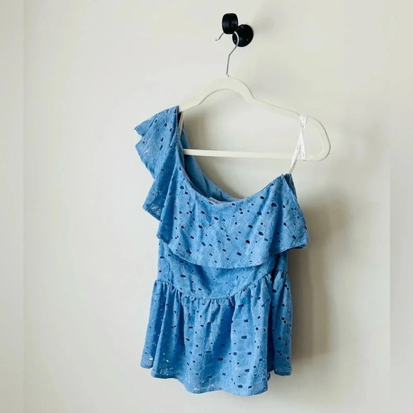 J.O.A. One-Shoulder Blue Eyelet Ruffle Blouse - Size S - NWT - Picture 3 of 11